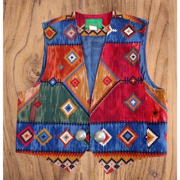 Vintage Jackets & Blazers - Wraps Western Wear Tapestry sz XL Southwestern Tribal Vest Silver Concha Mint!